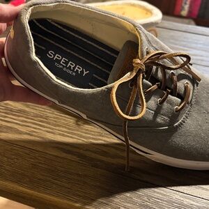 Sperry Charcoal Canvas Boat Shoes with Tan Laces